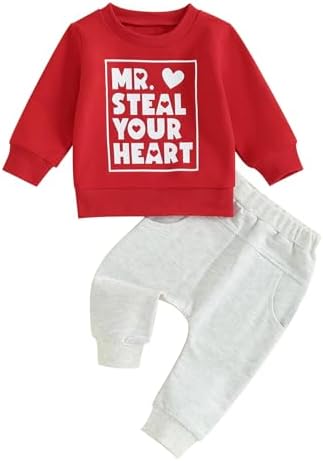 Toddler Baby Boy Valentines Day Outfit Set - Heart Letter Long Sleeve Sweatshirt Pants