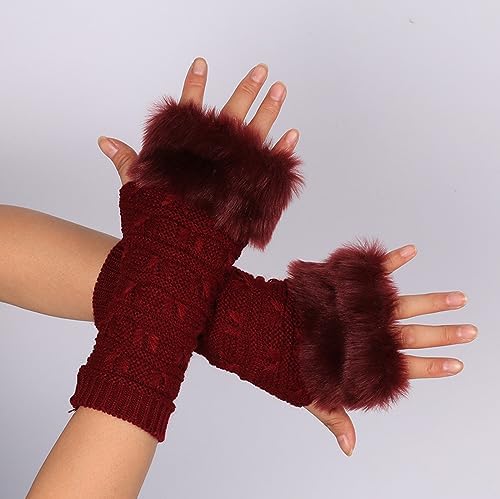 Black Fuzzy Fingerless Gloves for Women with Thumbhole and Elbow Warmth