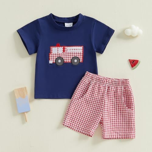 Fire Truck Embroidery Baby Boy Outfit Set - Summer Essentials with Excavator Theme