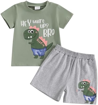 Adorable Toddler Boys Summer Outfits 2-Piece Set with Dinosaur Embroidery