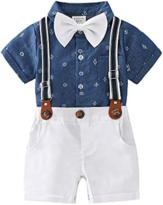 Baby Boys Gentleman Outfit Suits Navy White Set With Bow Tie Suspenders