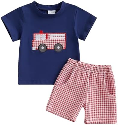 Fire Truck Embroidery Baby Boy Outfit Set - Summer Essentials with Excavator Theme