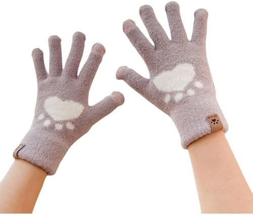 Fuzzy Dog Paw Print Gloves Women - Thick Warm