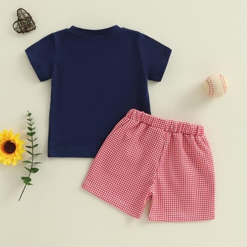 Kayotuas - Toddler Baseball Outfit Child Baseball T-Shirt Gingham Shorts Set