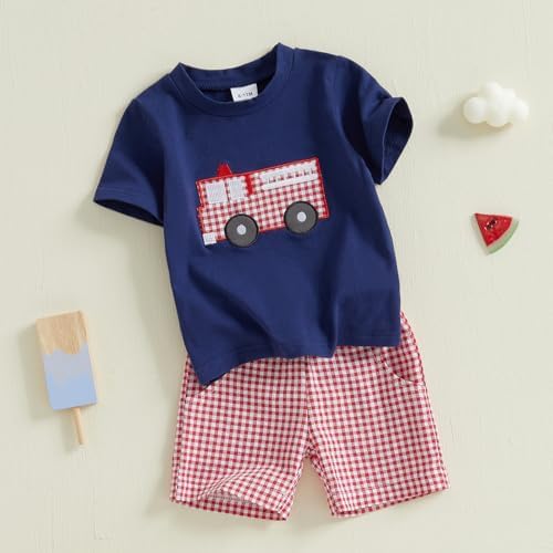 Fire Truck Embroidery Baby Boy Outfit Set - Summer Essentials with Excavator Theme
