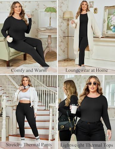 Warm Fluffy Ekouaer Plus Size Thermal Pajamas Set