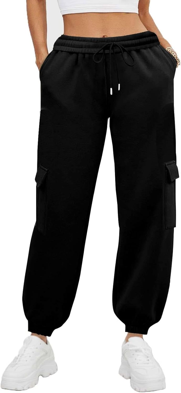 Warm Fleece Cargo Pants High Waist Multi-Pocket Trendy Workout Casual