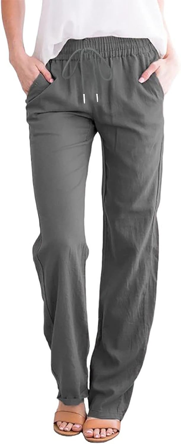 Ceboyel Womens Solid Drawstring Linen Pants