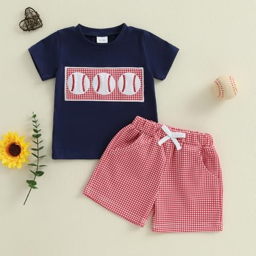 Kayotuas - Toddler Baseball Outfit Child Baseball T-Shirt Gingham Shorts Set