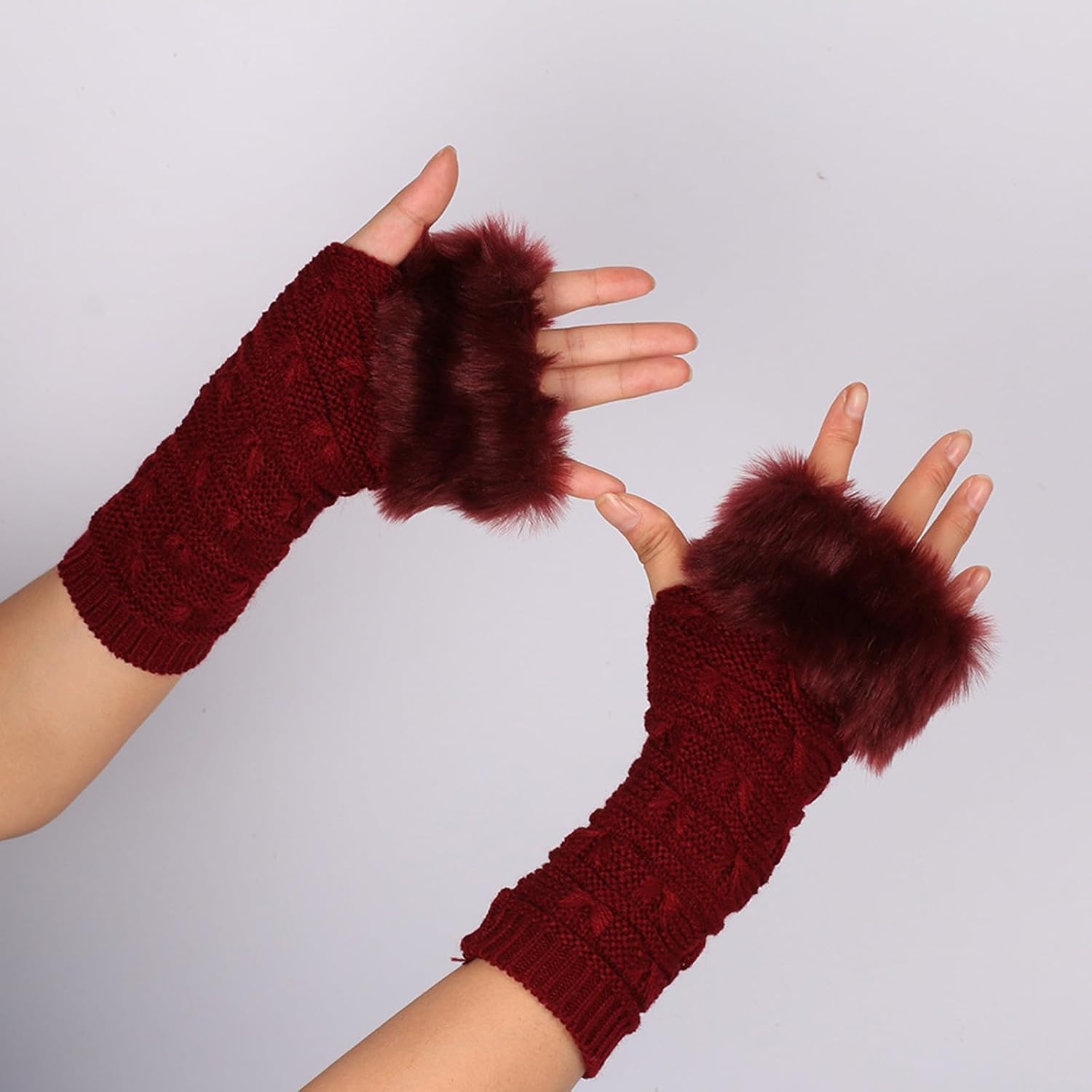 Black Fuzzy Fingerless Gloves for Women with Thumbhole and Elbow Warmth
