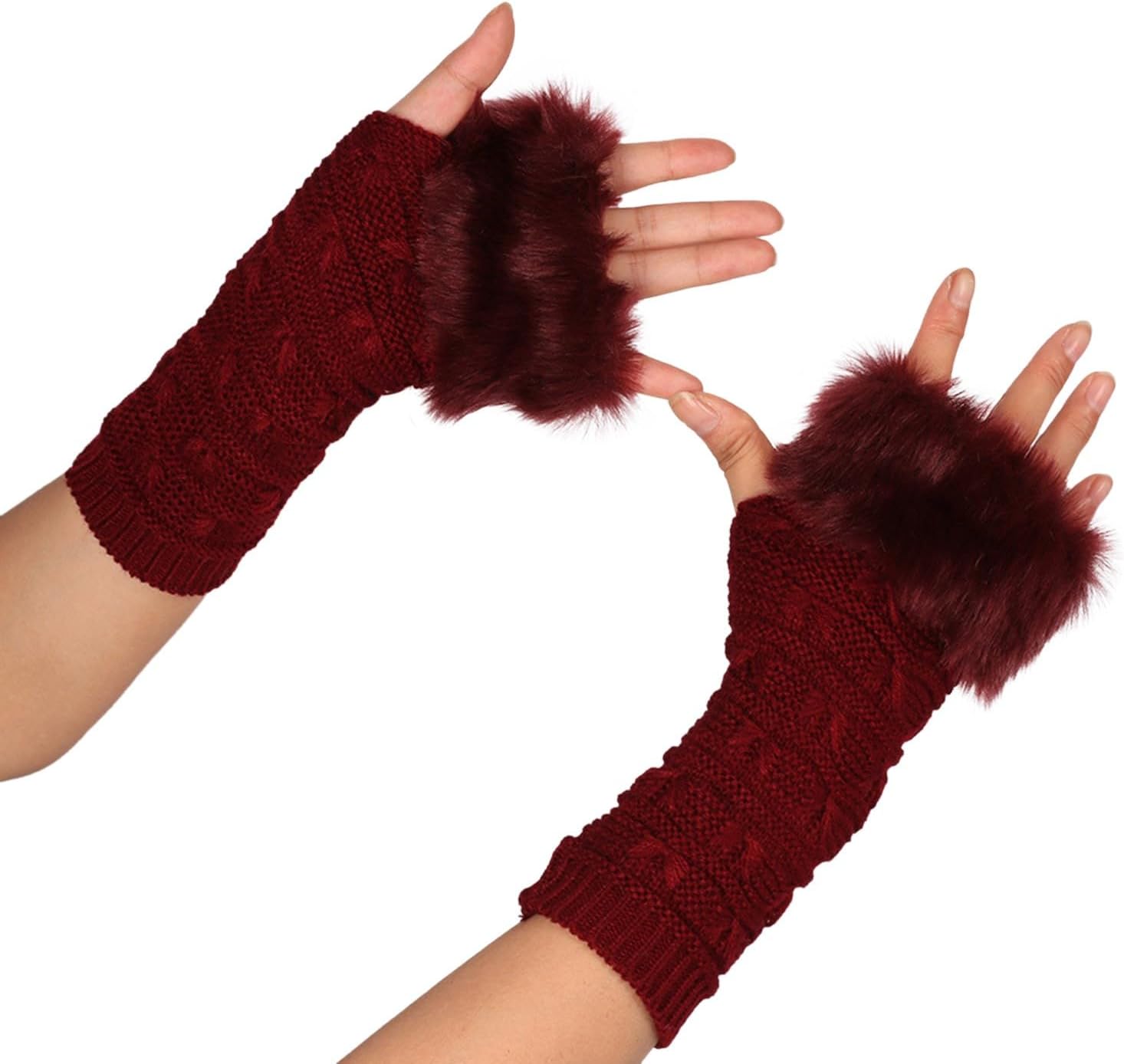 Black Fuzzy Fingerless Gloves for Women with Thumbhole and Elbow Warmth