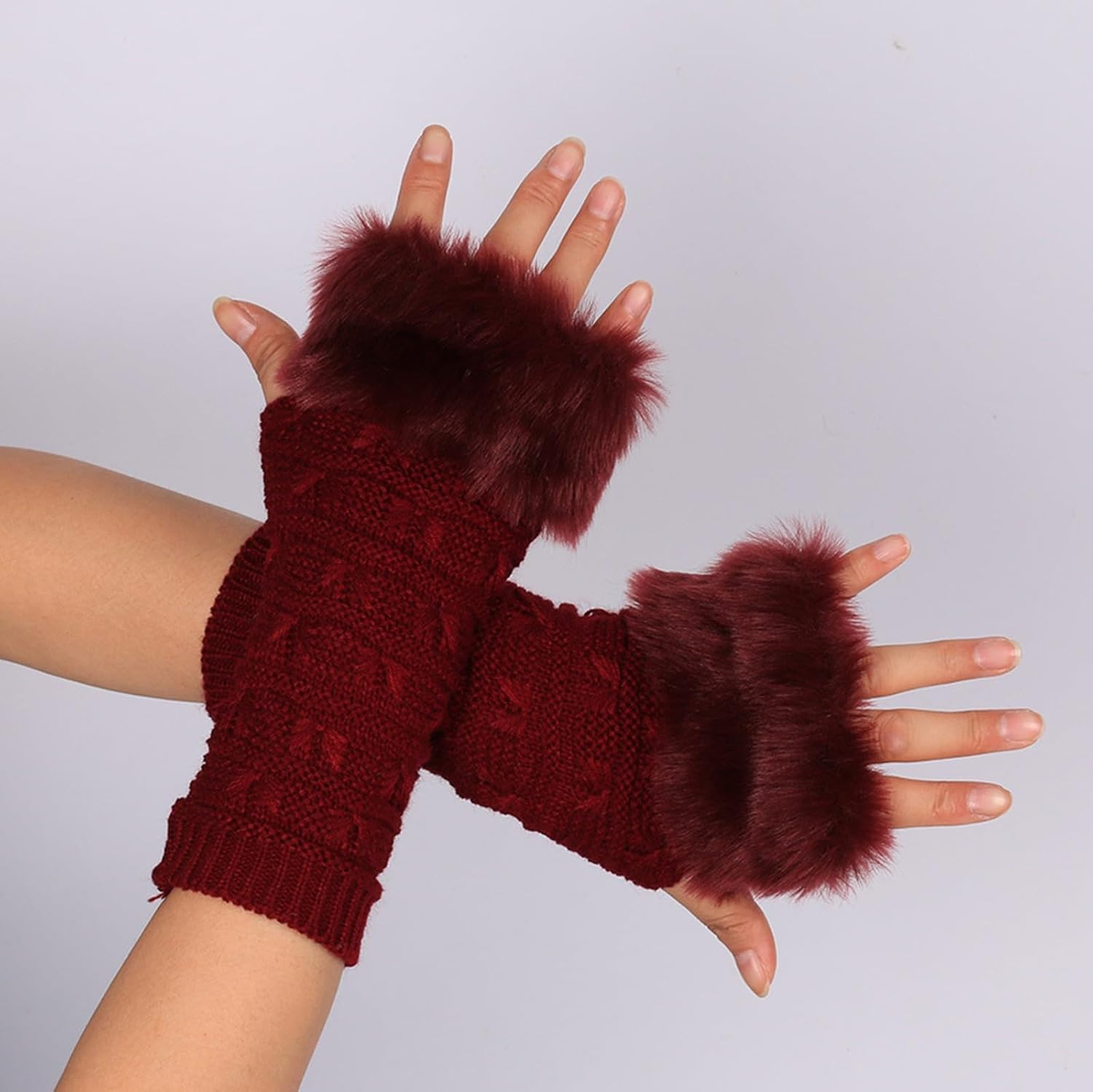 Black Fuzzy Fingerless Gloves for Women with Thumbhole and Elbow Warmth
