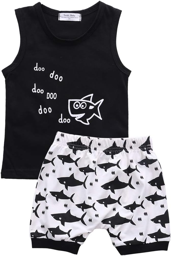MABABY Shark and Doo Doo Printed Summer Cotton Outfits for Babies