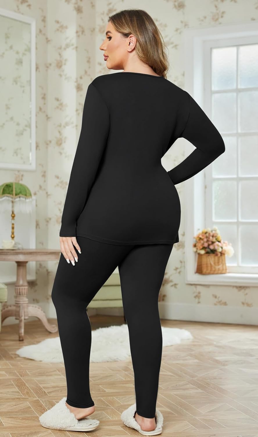 Warm Fluffy Ekouaer Plus Size Thermal Pajamas Set