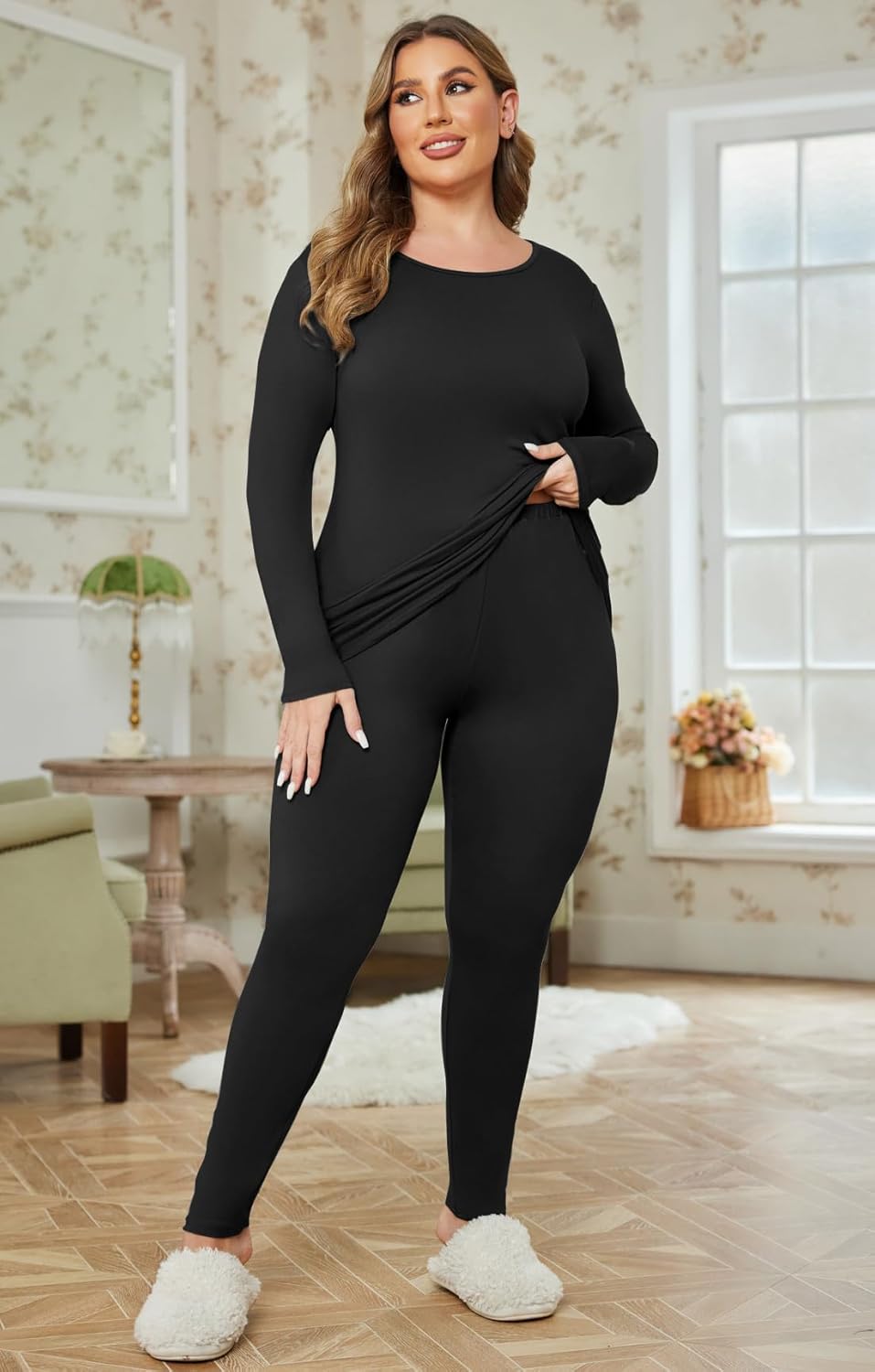 Warm Fluffy Ekouaer Plus Size Thermal Pajamas Set