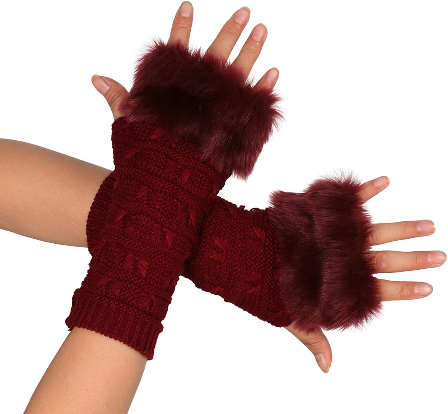 Black Fuzzy Fingerless Gloves for Women with Thumbhole and Elbow Warmth