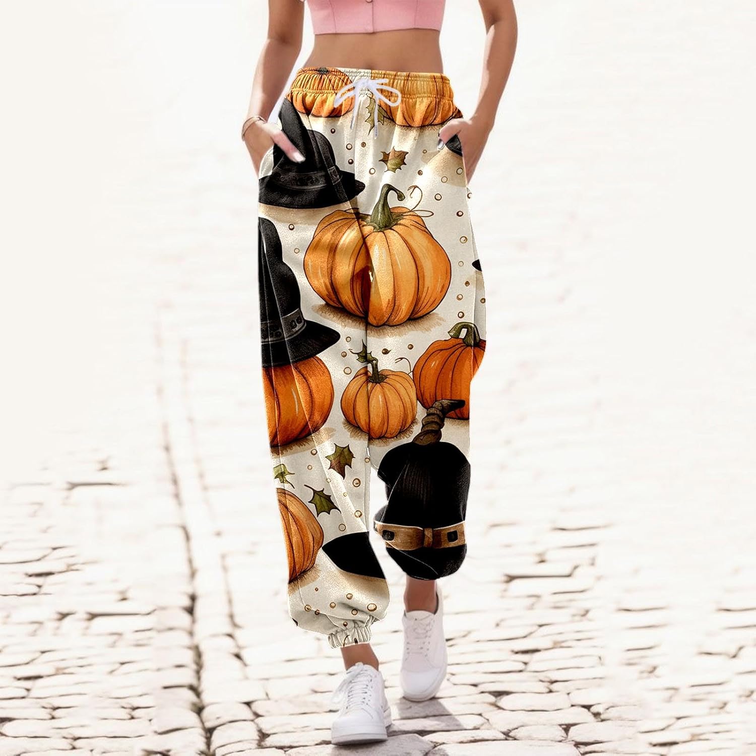 HD Quality womens high-waisted sherpa fleece sweatpants drawstring with print Halloween Christmas
