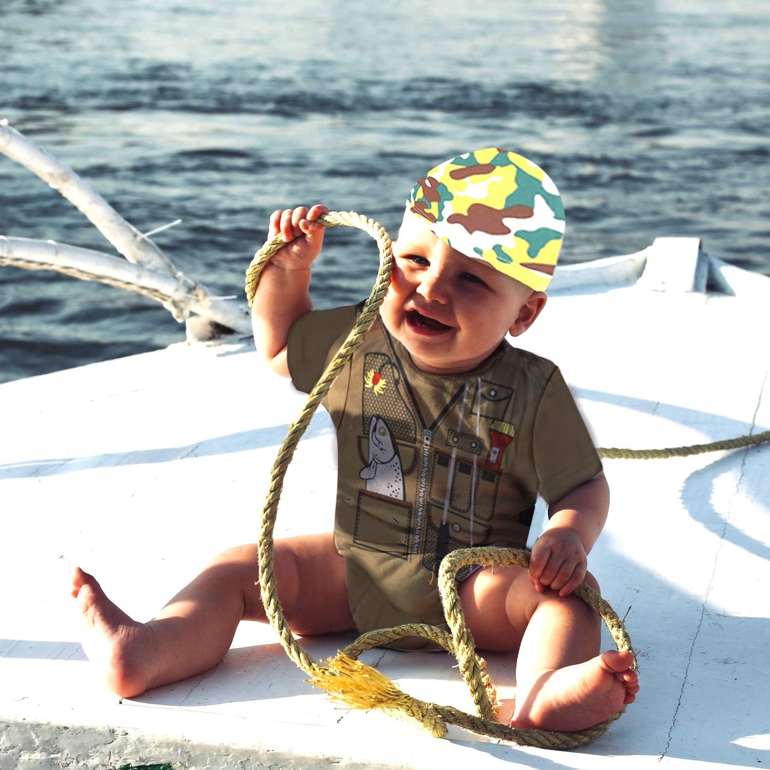 Camouflage Fishing Romper Beanie Cap for Babies