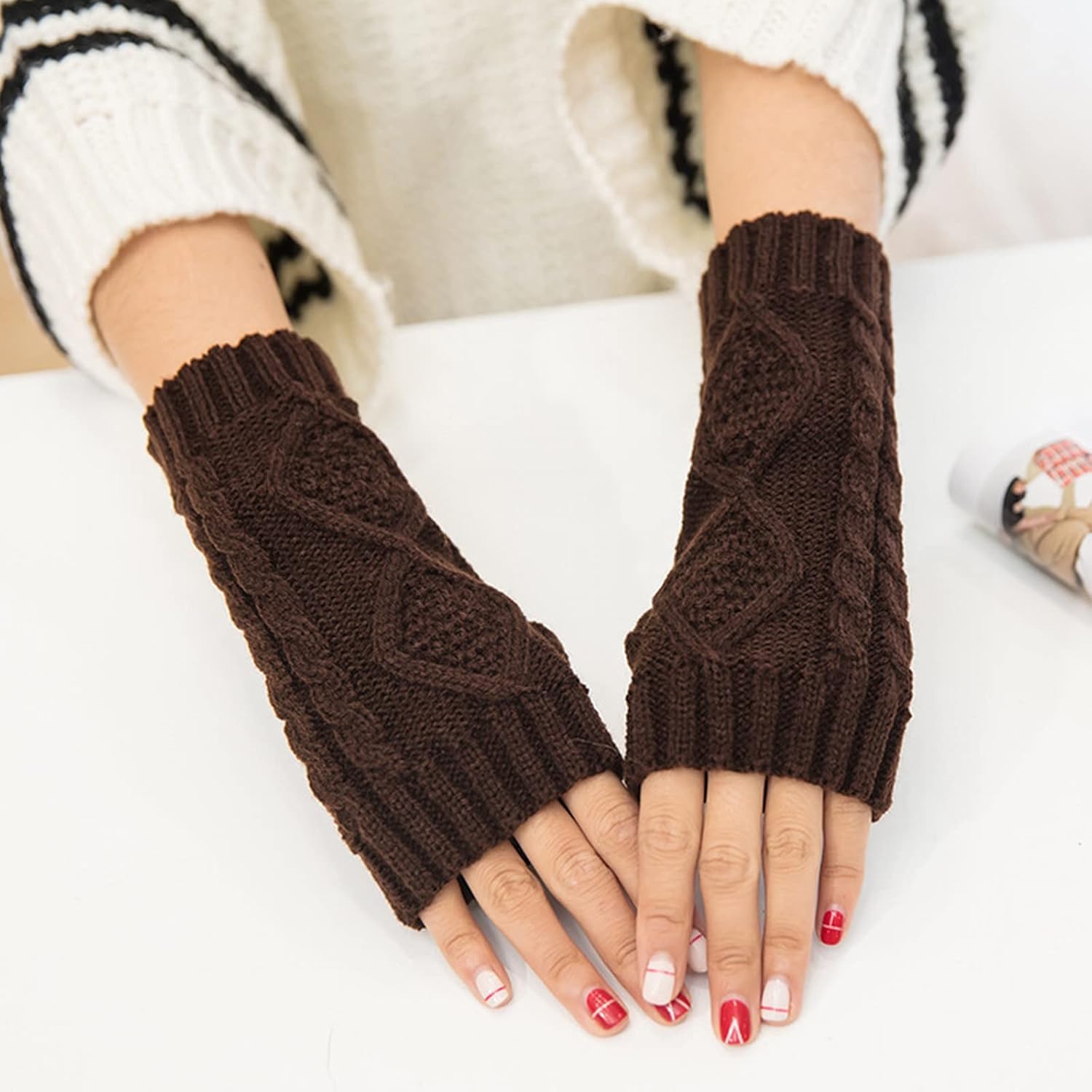 Warm Winter Gloves for Women Knit Fingerless Gloves Crossbones Design Fashionable Stretchable