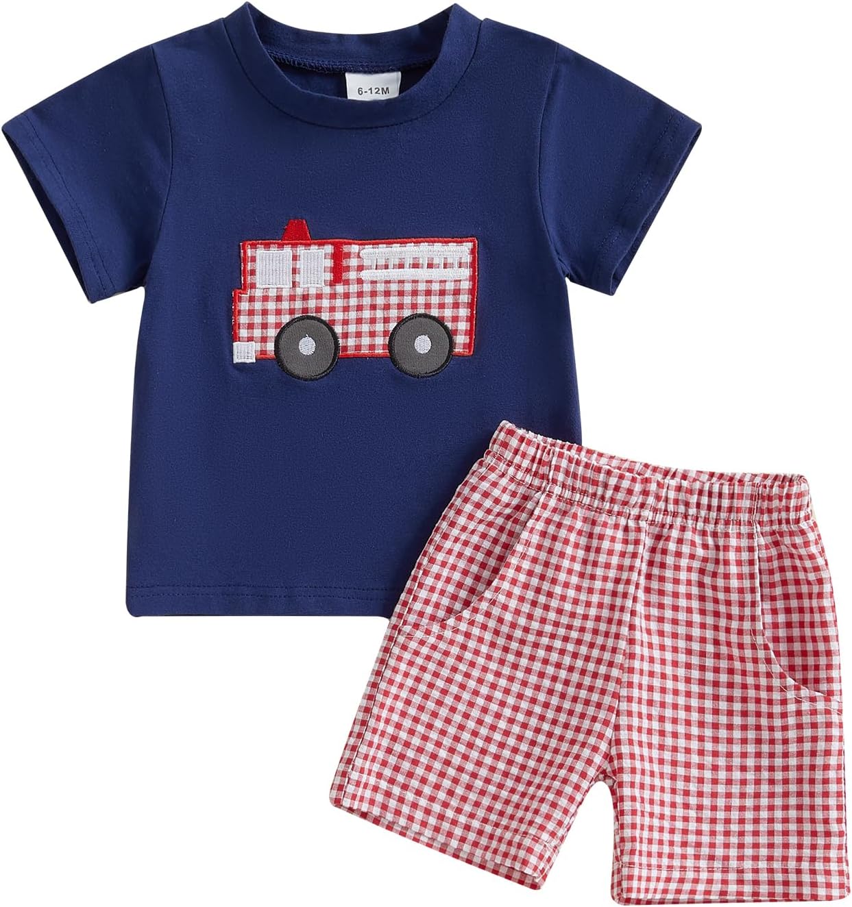 Fire Truck Embroidery Baby Boy Outfit Set - Summer Essentials with Excavator Theme