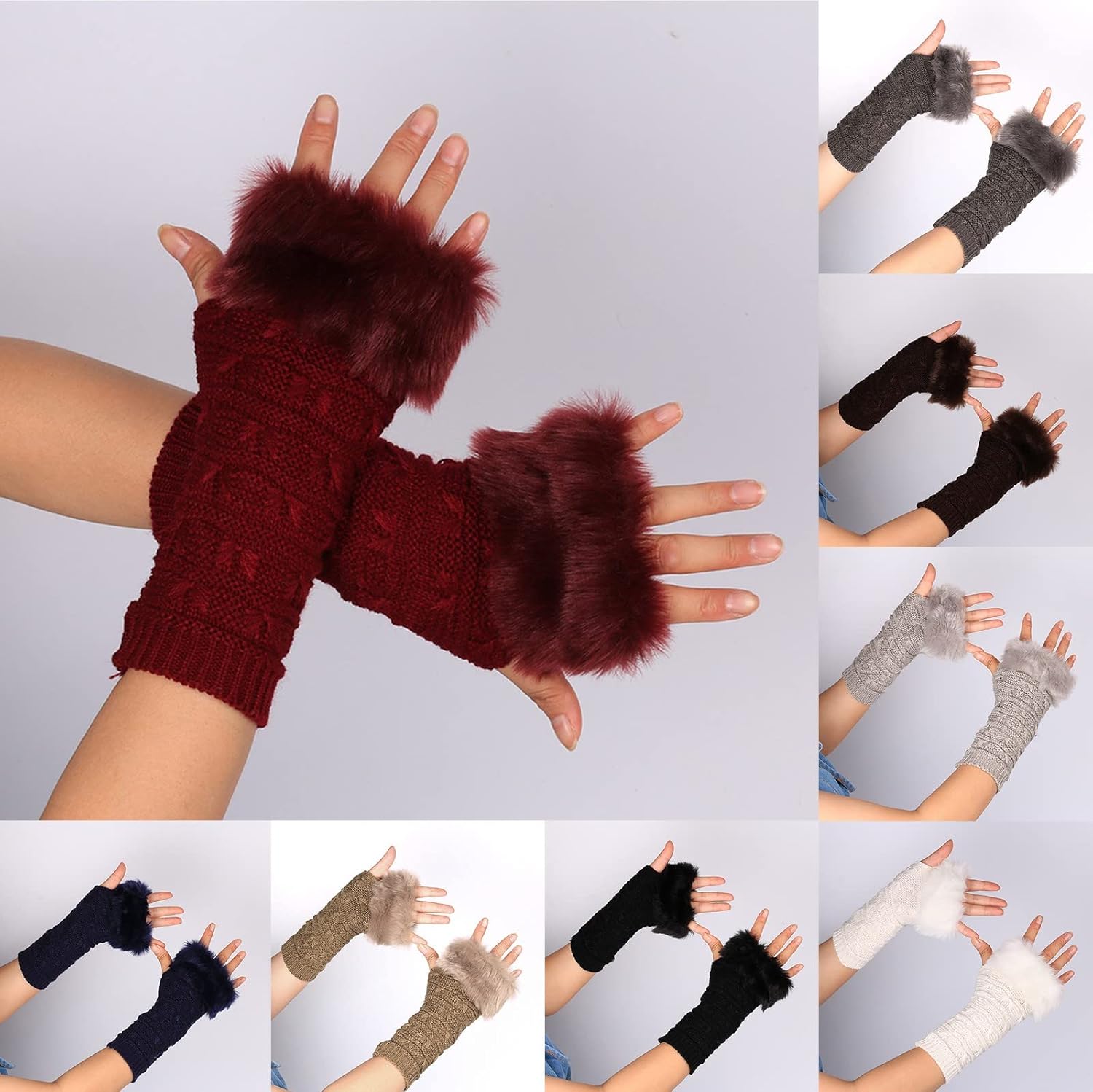 Black Fuzzy Fingerless Gloves for Women with Thumbhole and Elbow Warmth
