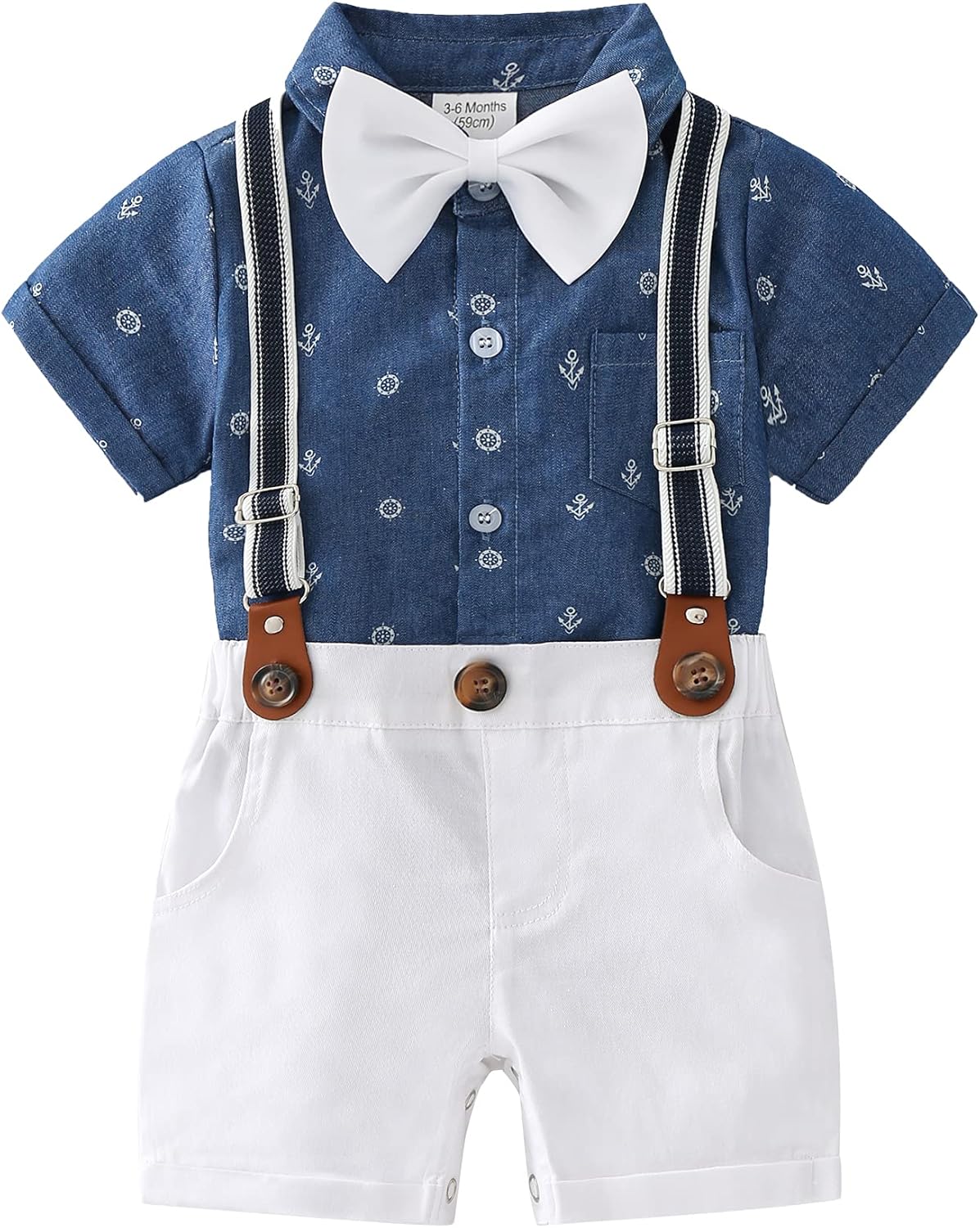 Baby Boys Gentleman Outfit Suits Navy White Set With Bow Tie Suspenders