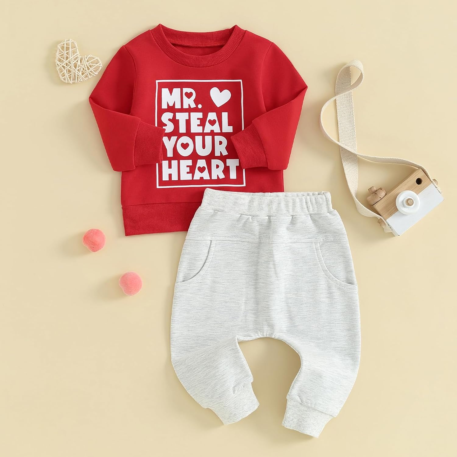 Toddler Baby Boy Valentines Day Outfit Set - Heart Letter Long Sleeve Sweatshirt Pants