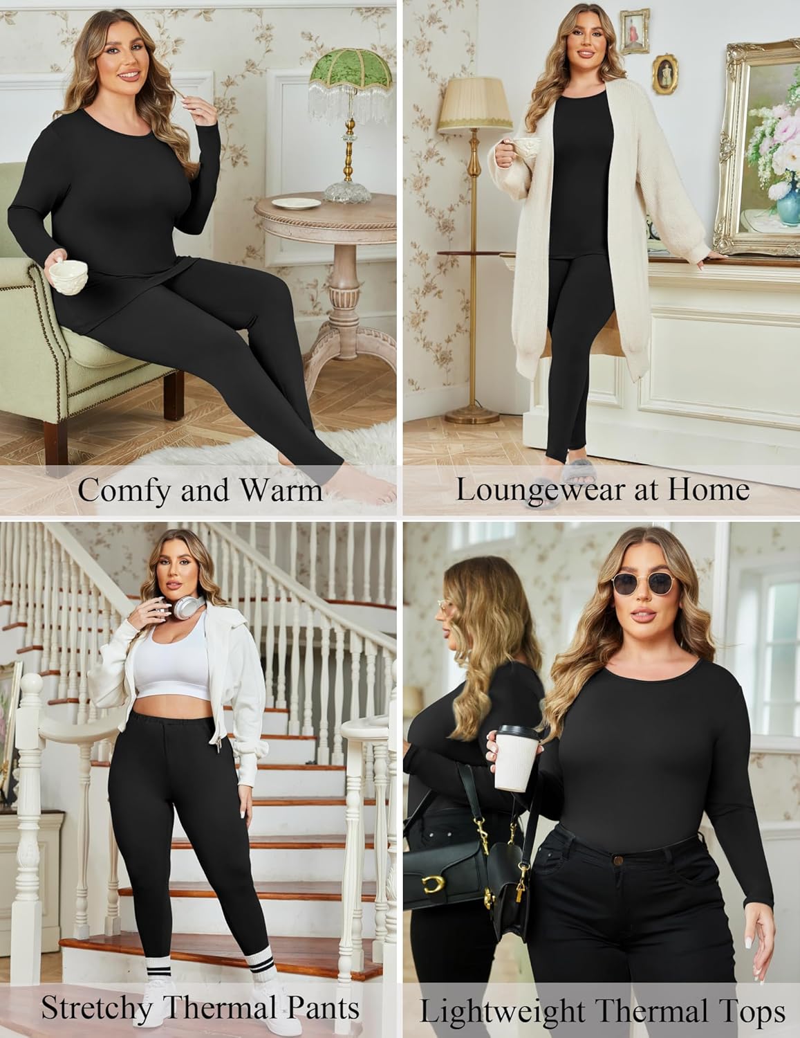 Warm Fluffy Ekouaer Plus Size Thermal Pajamas Set