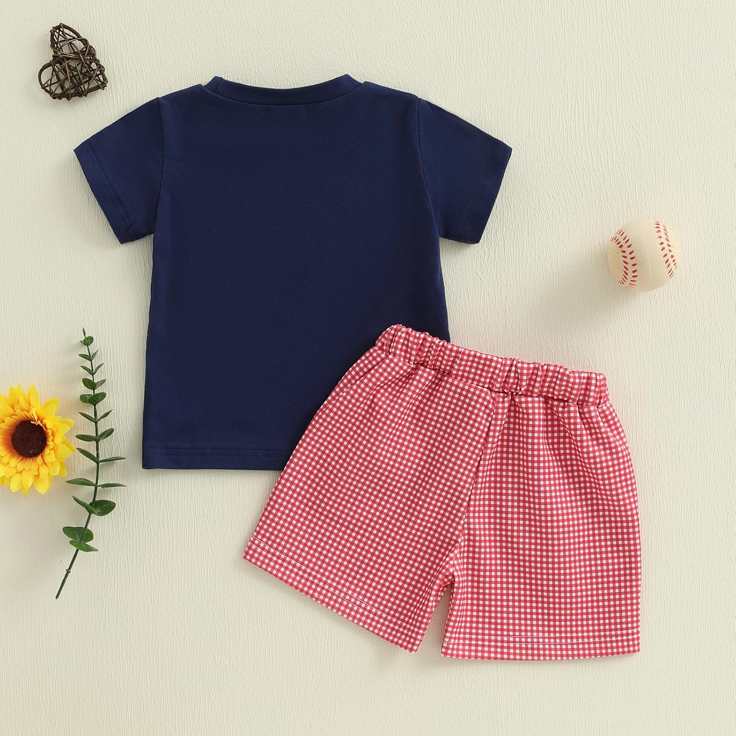 Kayotuas - Toddler Baseball Outfit Child Baseball T-Shirt Gingham Shorts Set