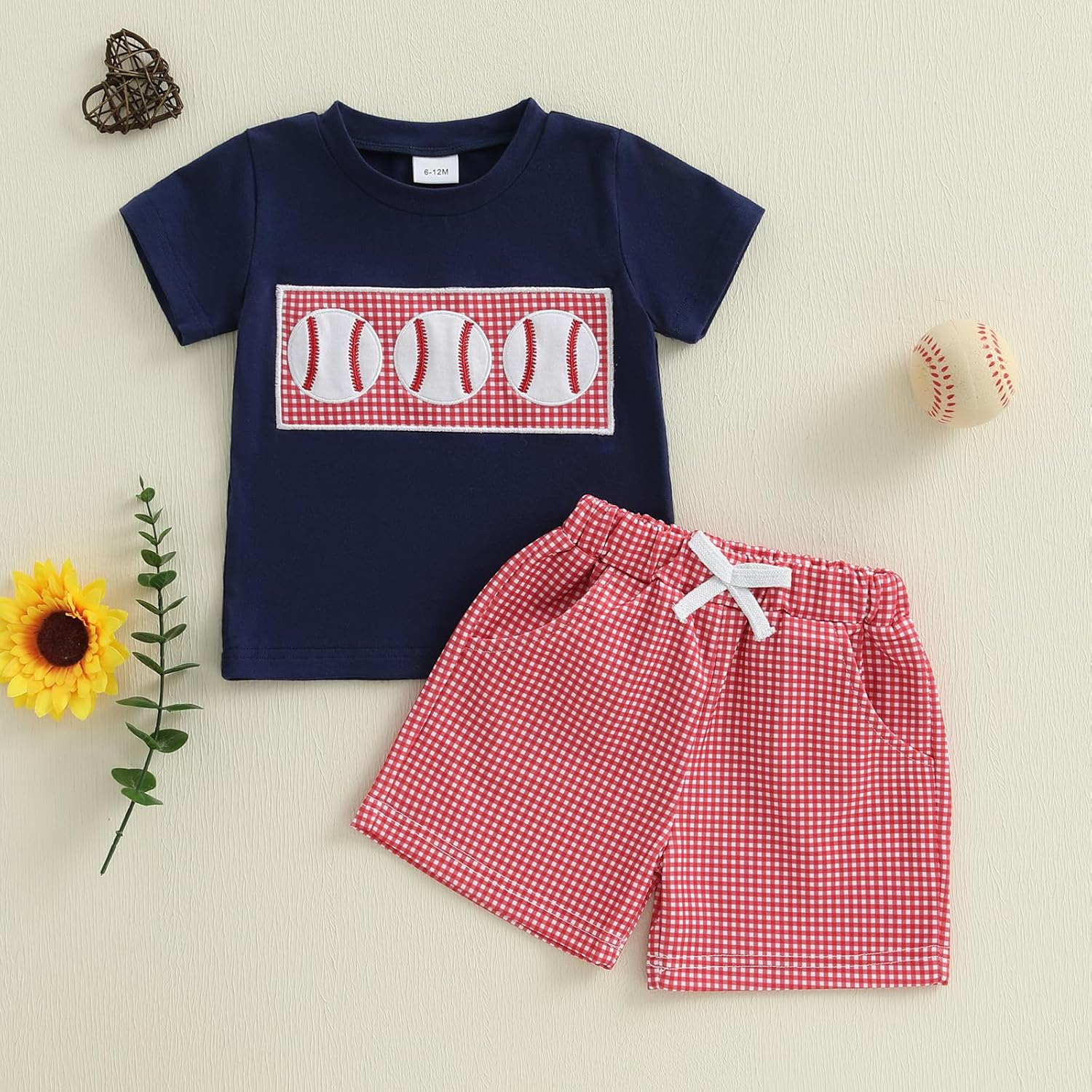 Kayotuas - Toddler Baseball Outfit Child Baseball T-Shirt Gingham Shorts Set