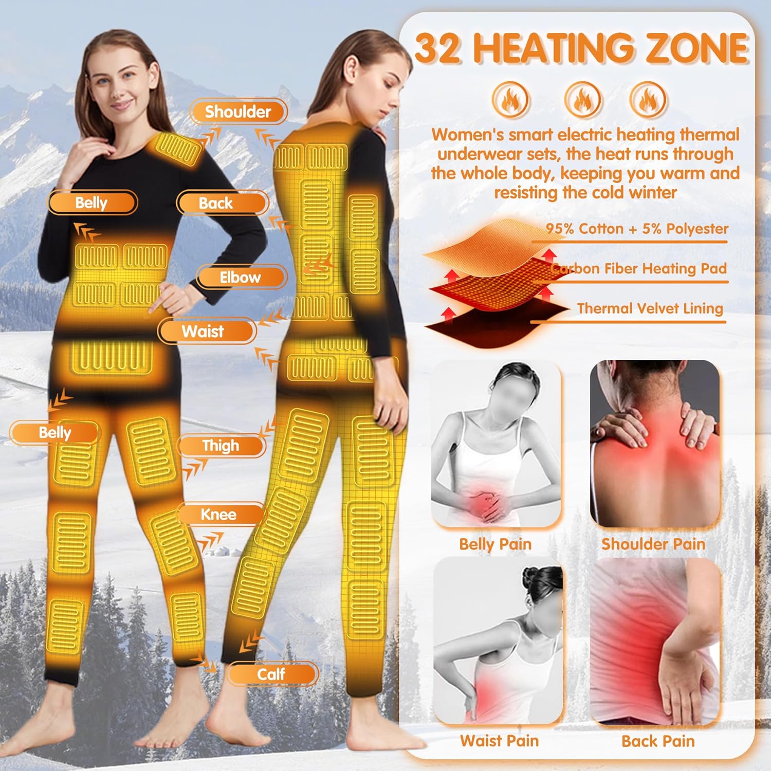 Womens electric heated thermal underwear set with 32 heating zones