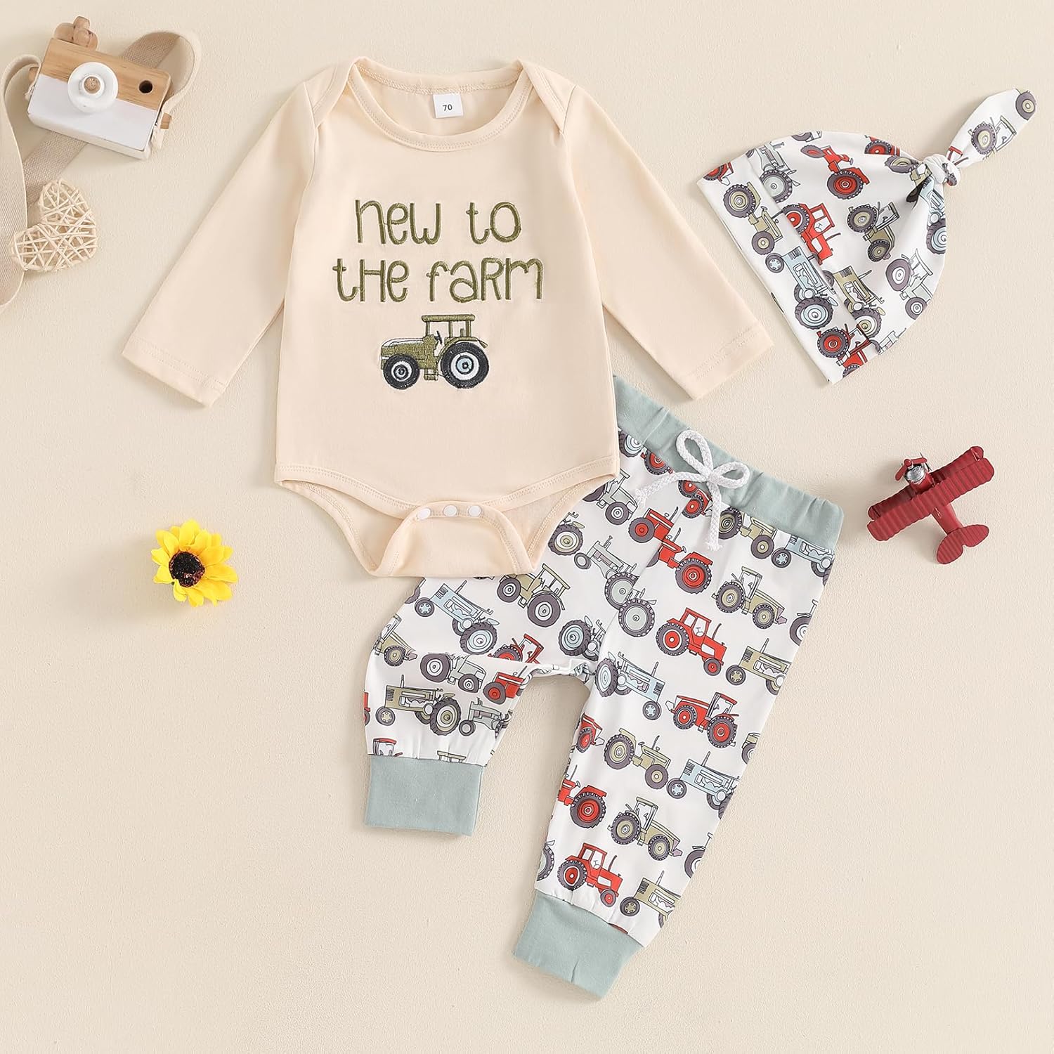 MABABY Newborn Boys Romper Pants Hat Set Fall Winter