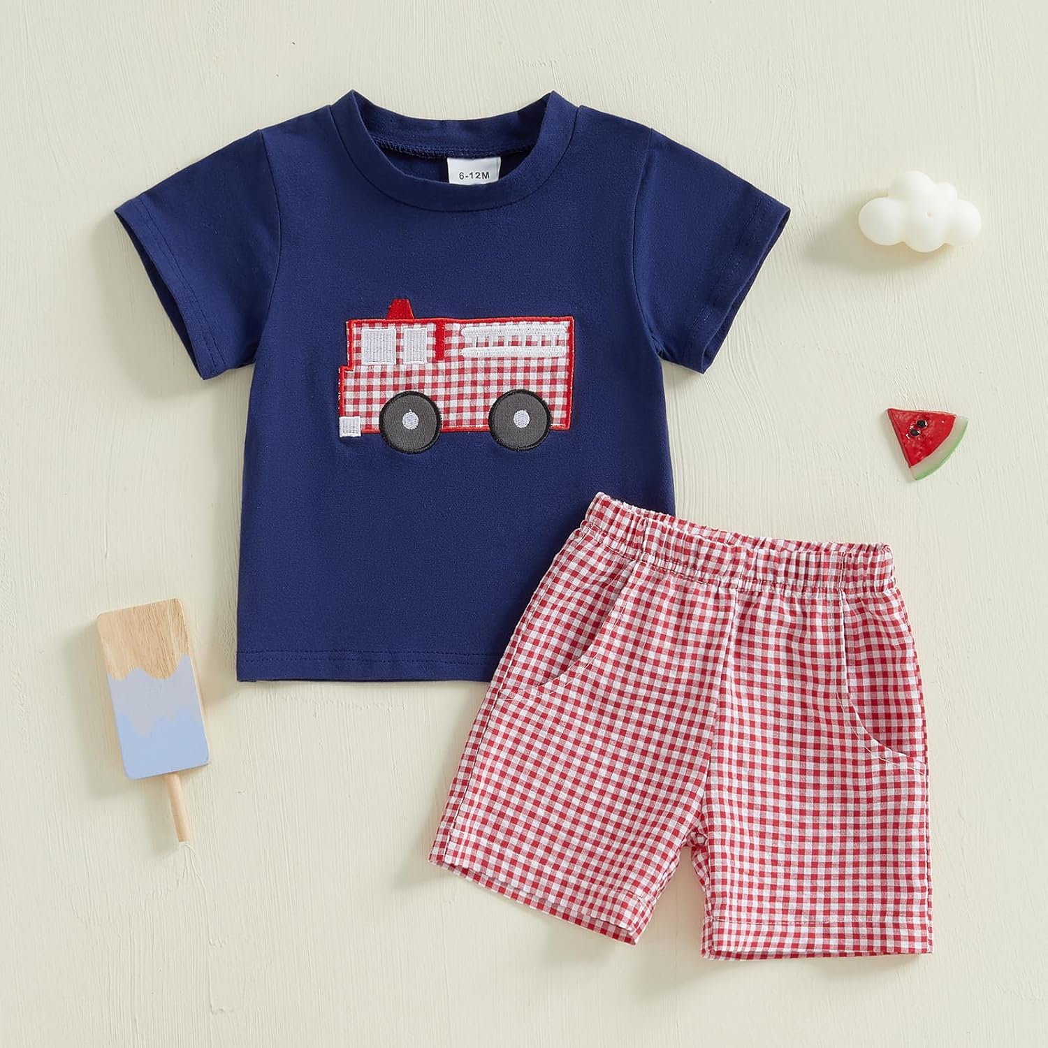 Fire Truck Embroidery Baby Boy Outfit Set - Summer Essentials with Excavator Theme