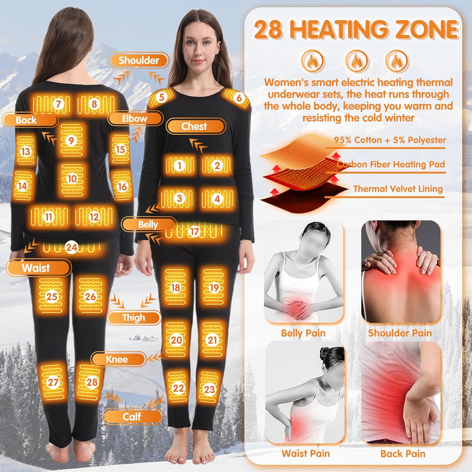 Womens Electric Heating Underwear 28 Zones Thermal Basleayer Long Johns Set