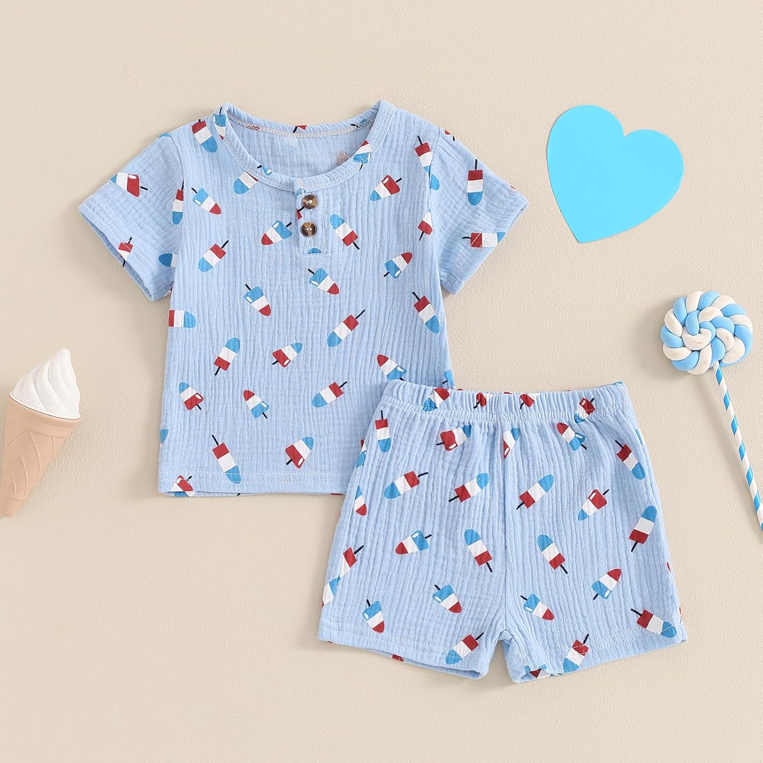 4th of July Baby Boy Girl Outfit with Stars and Ice Cream Print