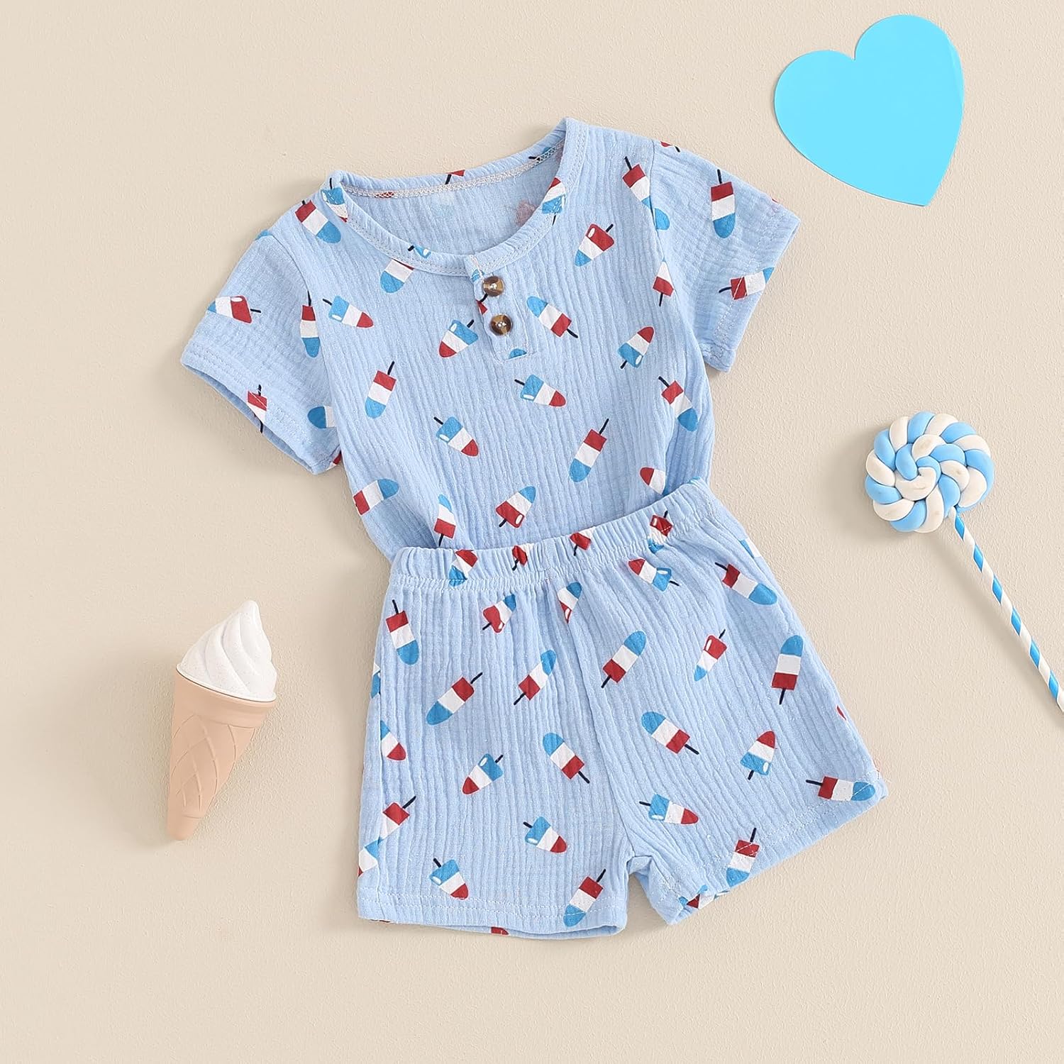 4th of July Baby Boy Girl Outfit with Stars and Ice Cream Print