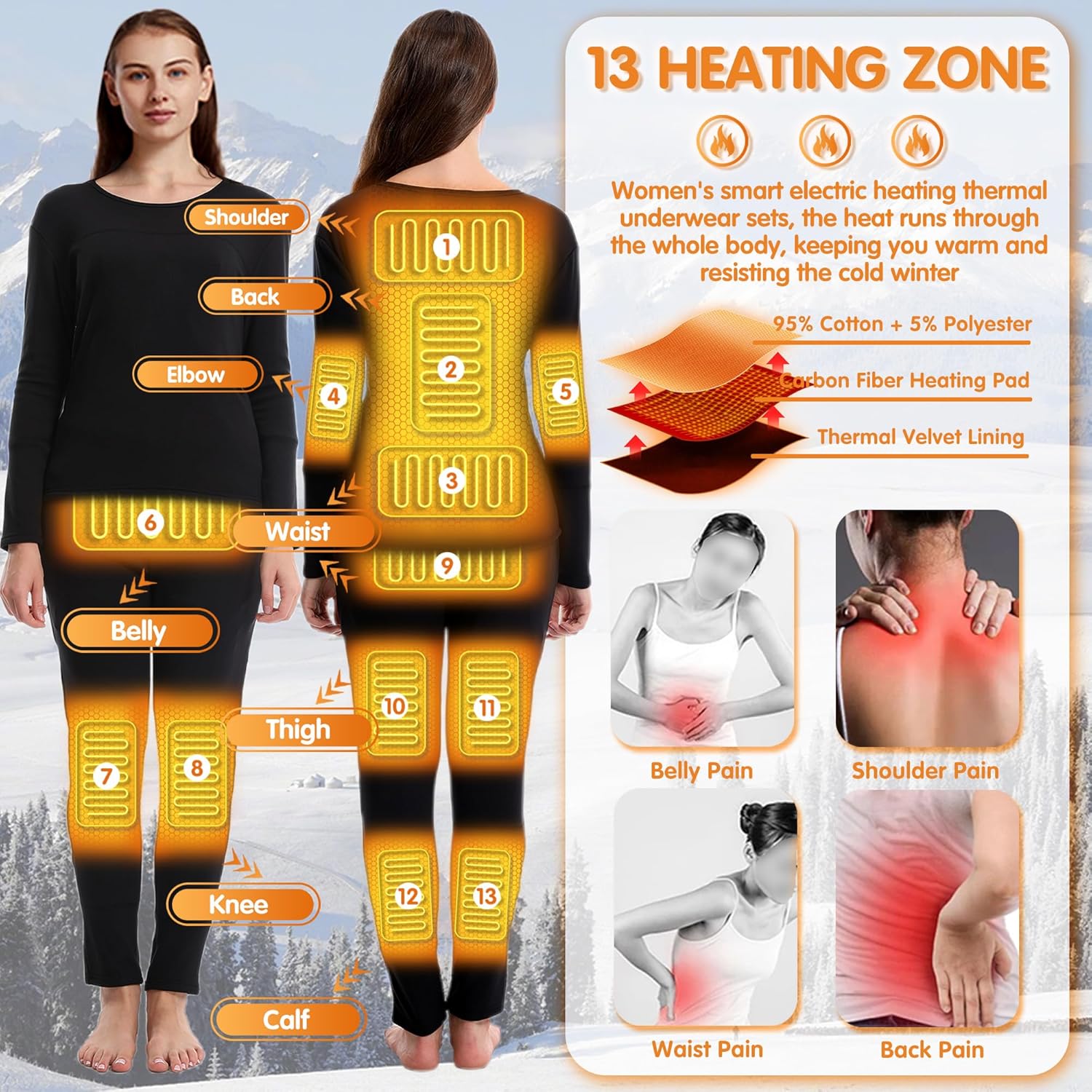 Womens 13-Zone Electric Heated Thermal Set for HuntingCampingSkiing