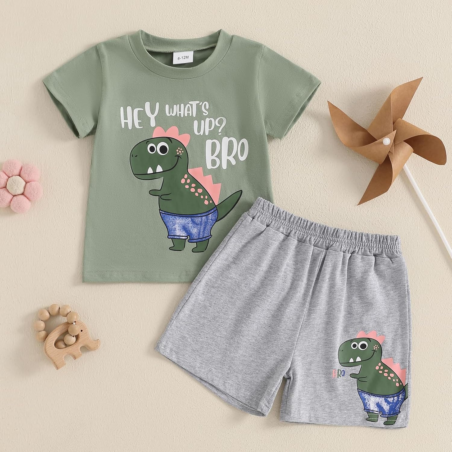 Adorable Toddler Boys Summer Outfits 2-Piece Set with Dinosaur Embroidery