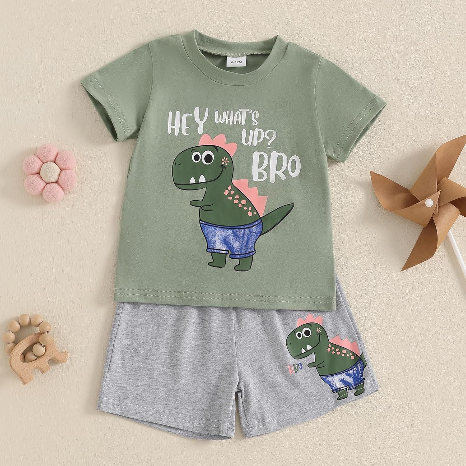 Adorable Toddler Boys Summer Outfits 2-Piece Set with Dinosaur Embroidery