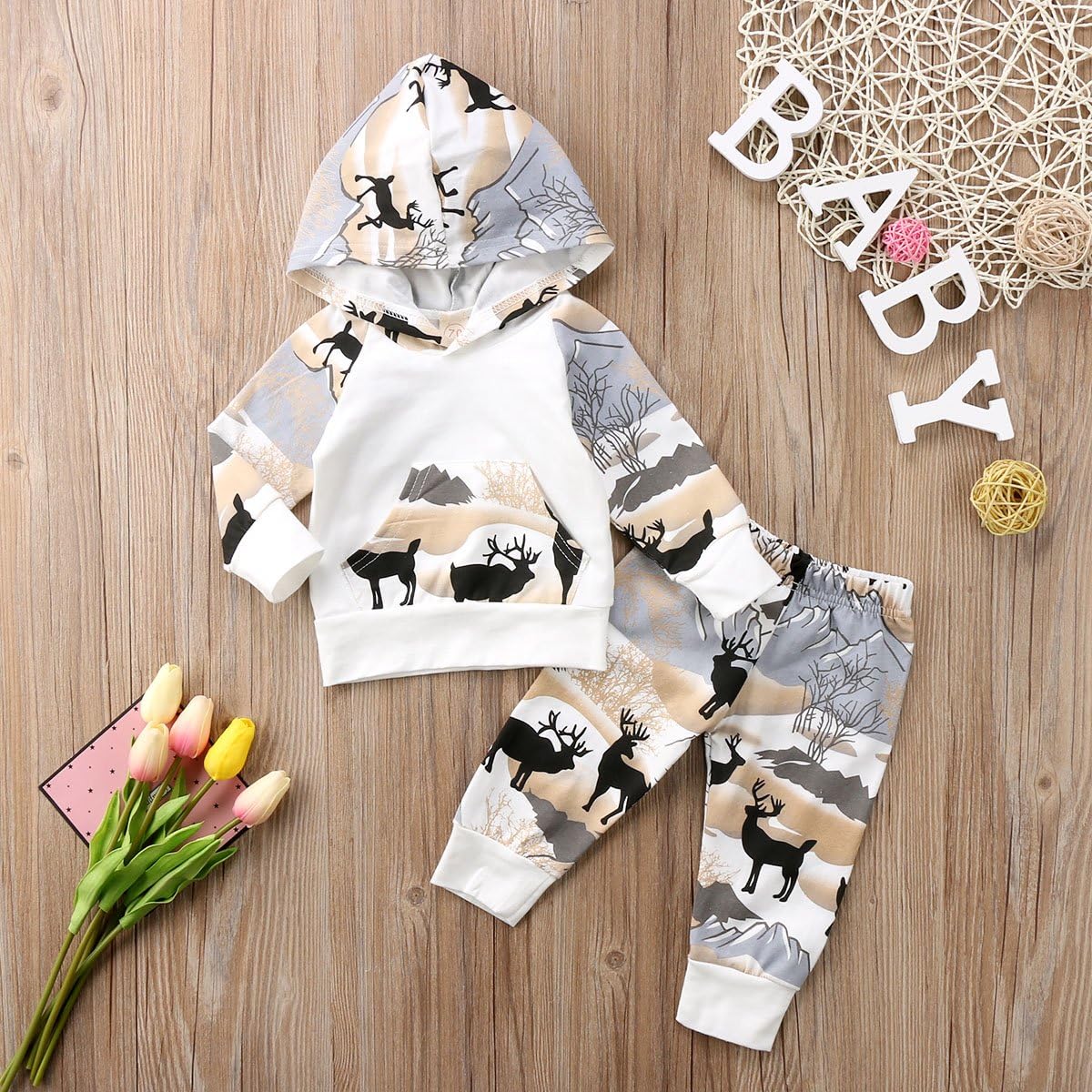 CIYCUIT 2Pcs Baby Boys Dinosaur Deer Print Camo Hoodie Pants Set