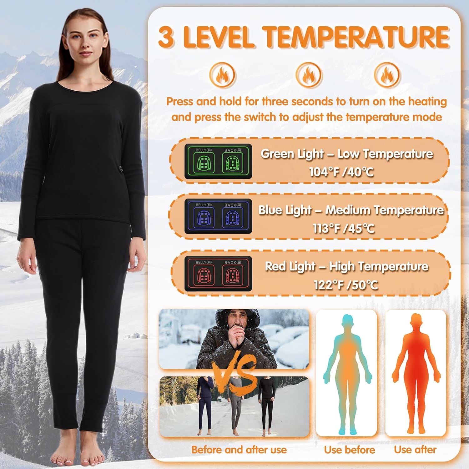 Womens electric heated thermal underwear set with 32 heating zones