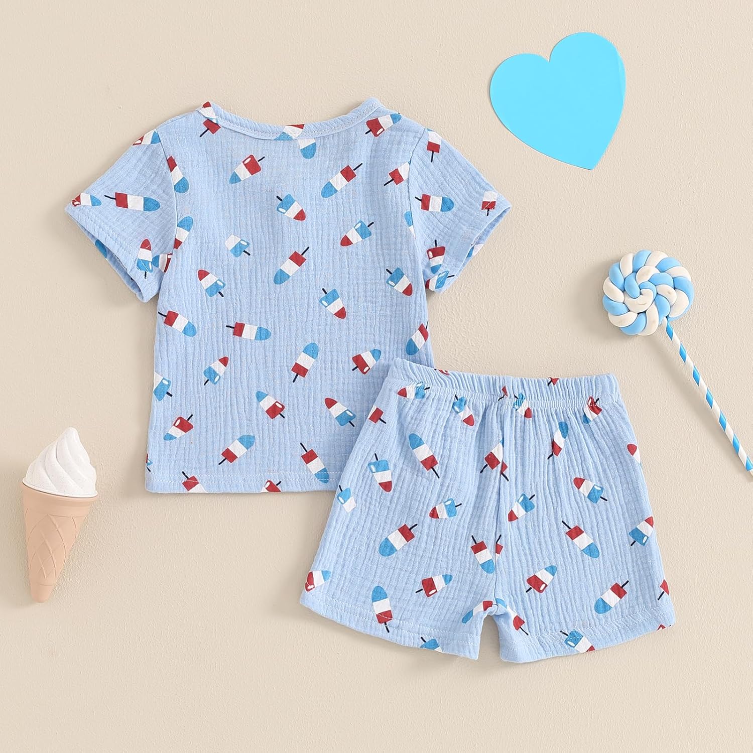 4th of July Baby Boy Girl Outfit with Stars and Ice Cream Print