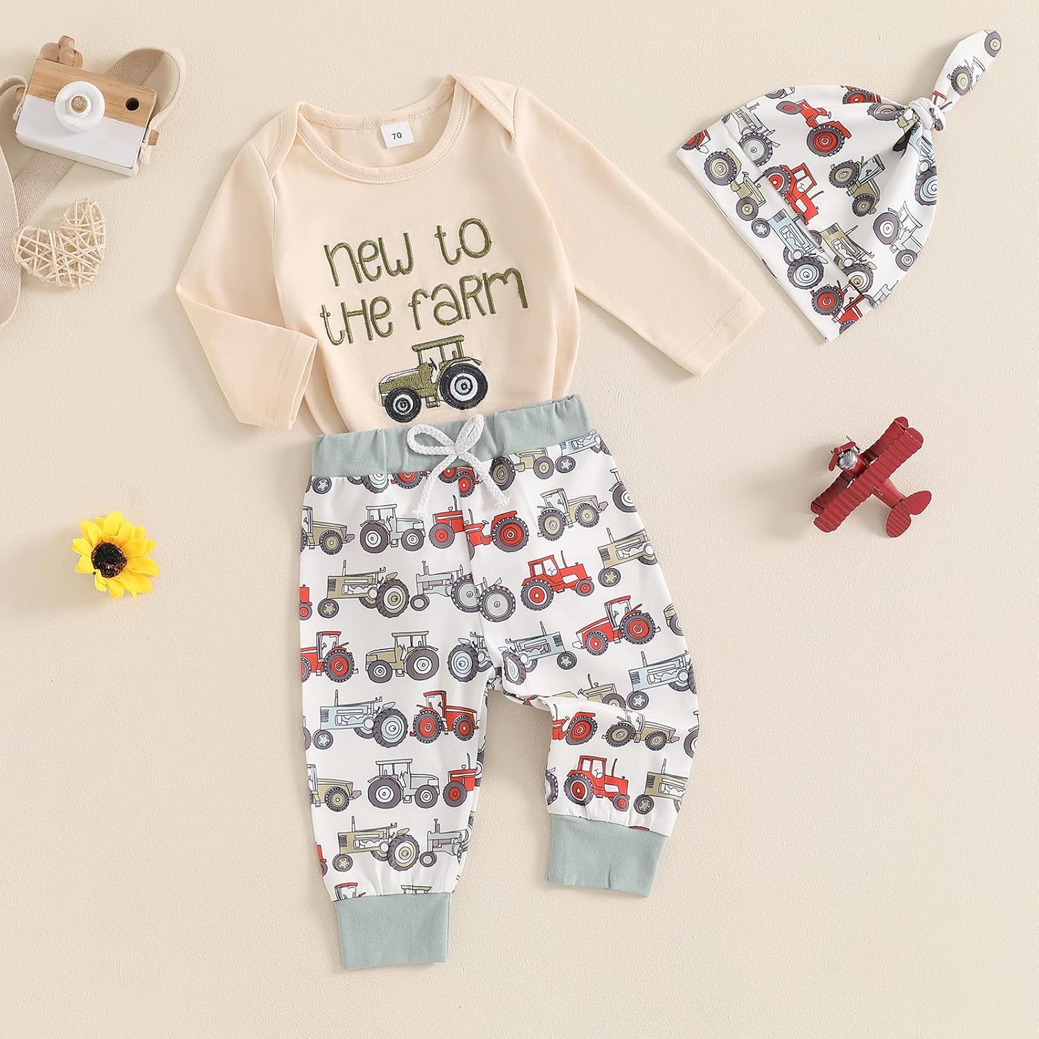 MABABY Newborn Boys Romper Pants Hat Set Fall Winter