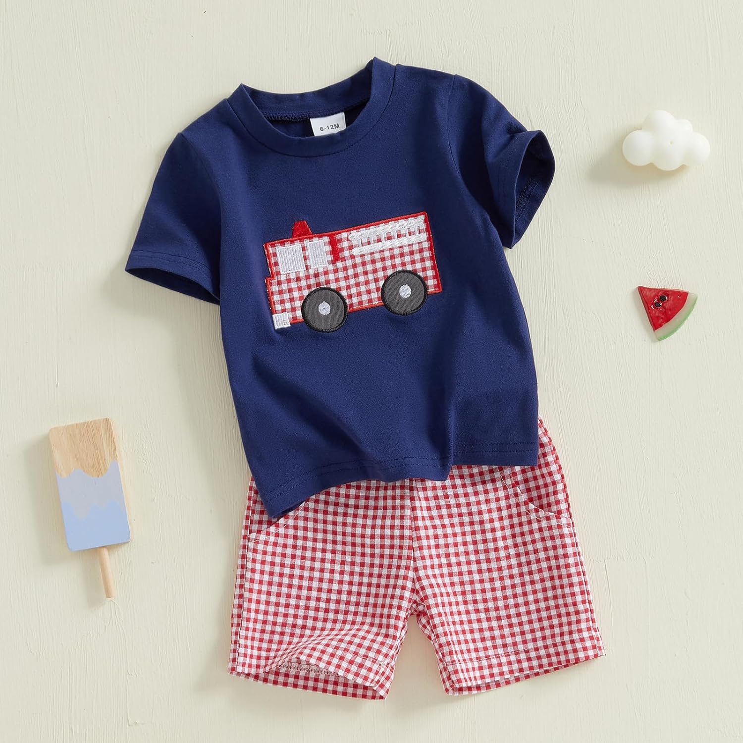 Fire Truck Embroidery Baby Boy Outfit Set - Summer Essentials with Excavator Theme