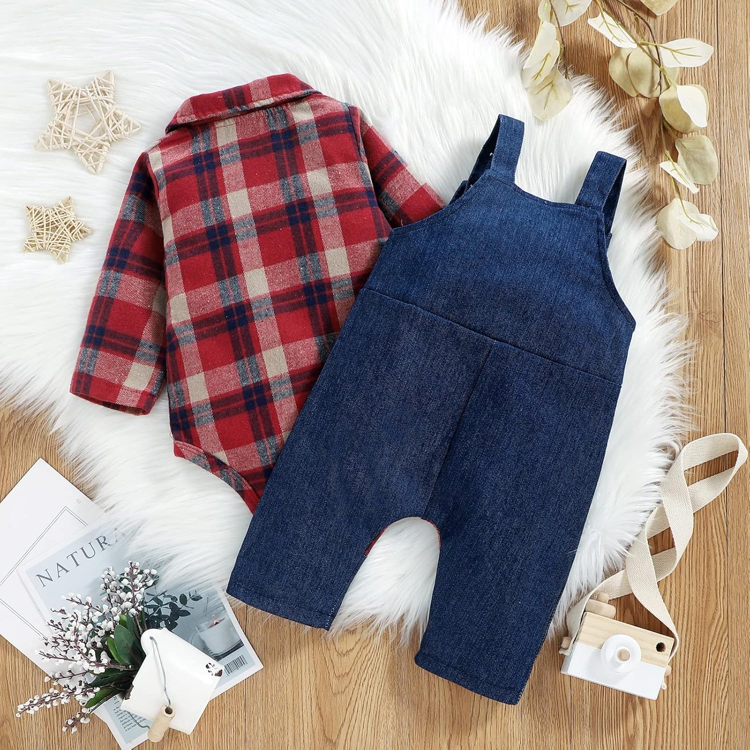 Adorable Baby Boys Cotton Overalls with Plaid Design